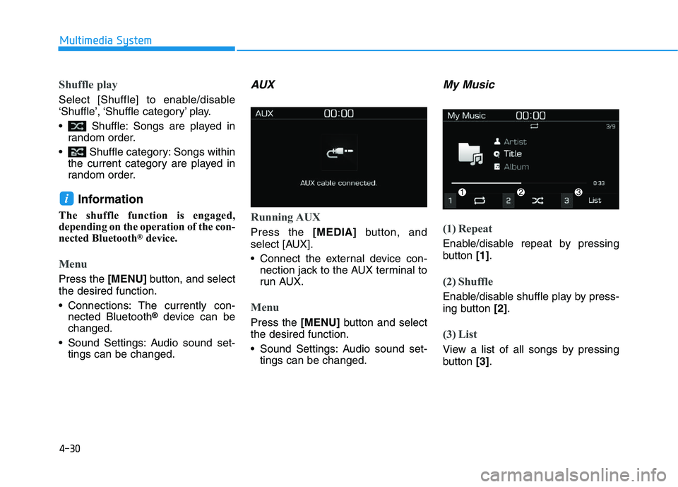 HYUNDAI I30 2022  Owners Manual 4-30
Multimedia System
Shuffle play
Select [Shuffle] to enable/disable
‘Shuffle’, ‘Shuffle  category’ play.
 Shuffle: Songs are played inrandom order.
 Shuffle category: Songs within the curre