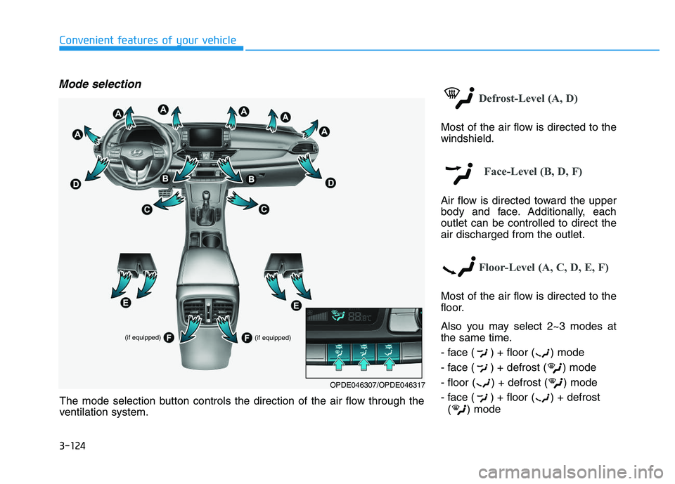 HYUNDAI I30 2021  Owners Manual 3-124
Convenient features of your vehicle
Mode selection
Defrost-Level (A, D)
Most of the air flow is directed to the
windshield.
Face-Level (B, D, F)
Air flow is directed toward the upper
body and fa