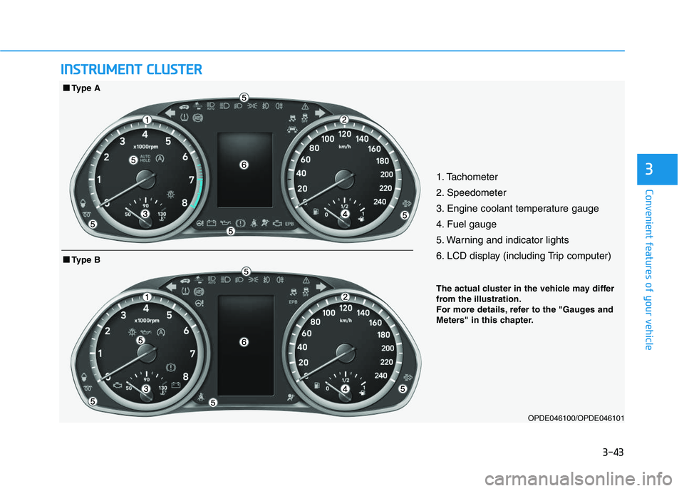 HYUNDAI I30 2021  Owners Manual 3-43
Convenient features of your vehicle
31. Tachometer 
2. Speedometer
3. Engine coolant temperature gauge
4. Fuel gauge
5. Warning and indicator lights
6. LCD display (including Trip computer)
OPDE0