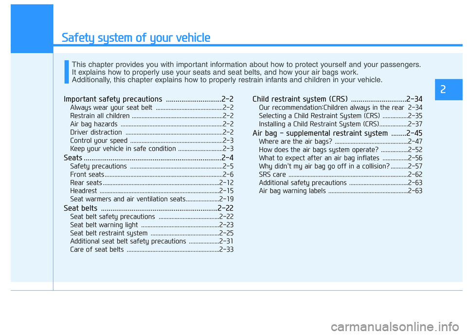 HYUNDAI I30 2021  Owners Manual Safety system of your vehicle
2
Important safety precautions .............................2-2
Always wear your seat belt  ..........................................2-2
Restrain all children ..........
