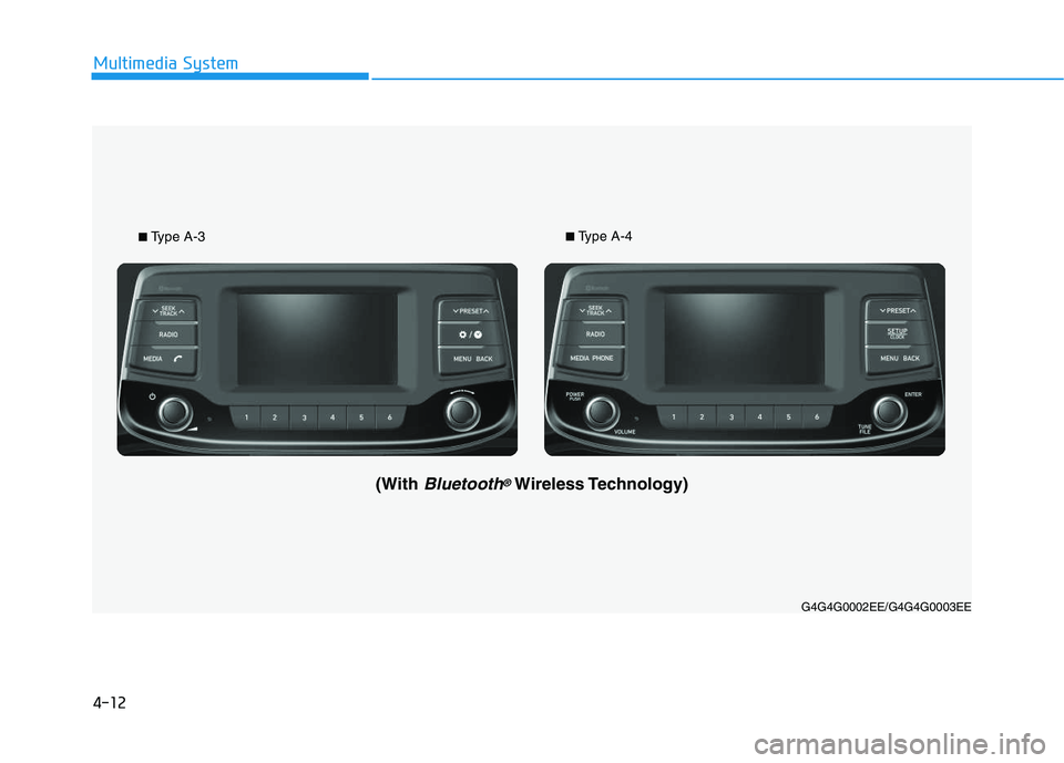HYUNDAI I30 2021  Owners Manual 4-12
Multimedia System
G4G4G0002EE/G4G4G0003EE
(With Bluetooth®Wireless Technology)
■Type A-3■Type A-4 
