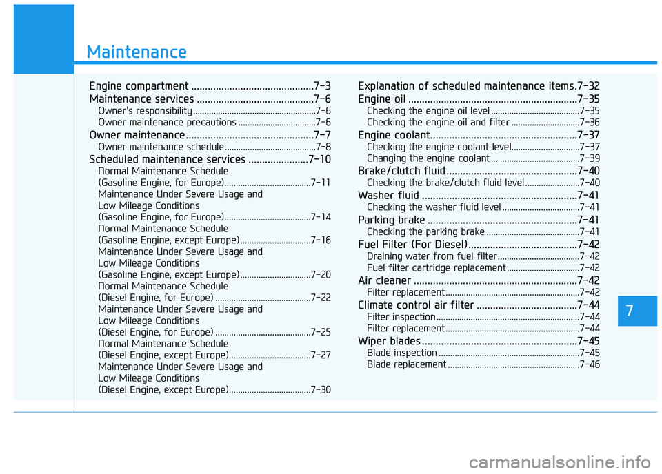 HYUNDAI I30 2021  Owners Manual 7
Maintenance
7
Maintenance
Engine compartment .............................................7-3
Maintenance services ...........................................7-6
Owner's responsibility .........