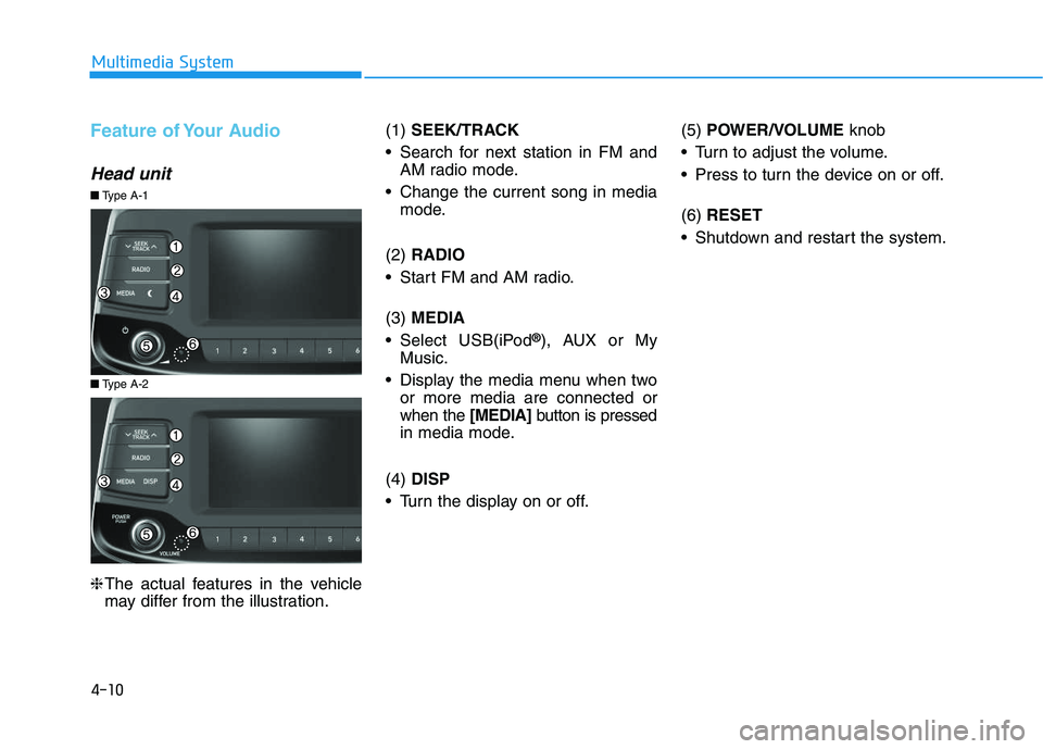 HYUNDAI I30 2019  Owners Manual 4-10
Multimedia System
Feature of Your Audio
Head unit
❈The actual features in the vehicle
may differ from the illustration. (1) 
SEEK/TRACK
 Search for next station in FM and AM radio mode.
 Change