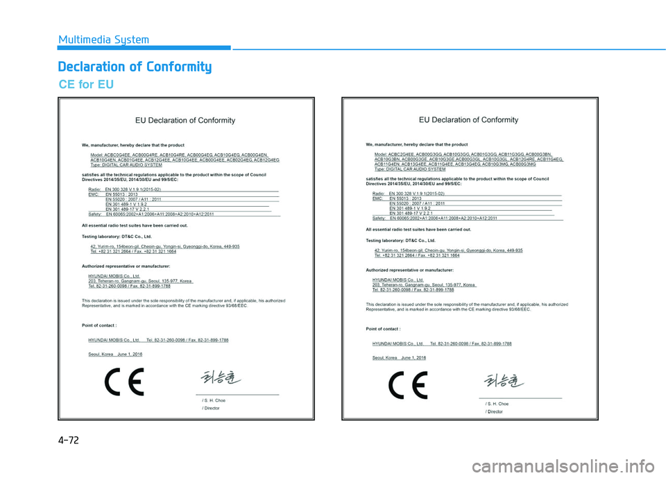 HYUNDAI I30 2019  Owners Manual 4-72
Multimedia System
D
D e
e c
c l
l a
a r
r a
a t
t i
i o
o n
n  
  o
o f
f  
  C
C o
o n
n f
f o
o r
r m
m i
i t
t y
y
CE for EU 