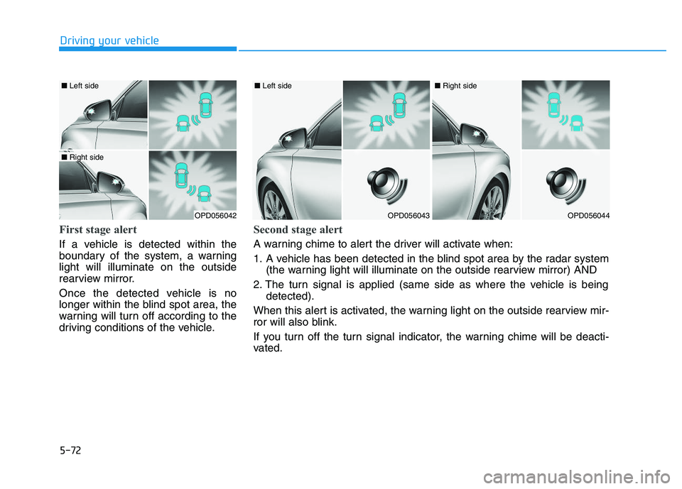 HYUNDAI I30 2019  Owners Manual 5-72
Driving your vehicle
First stage alert
If a vehicle is detected within the
boundary of the system, a warning
light will illuminate on the outside
rearview mirror.
Once the detected vehicle is no
