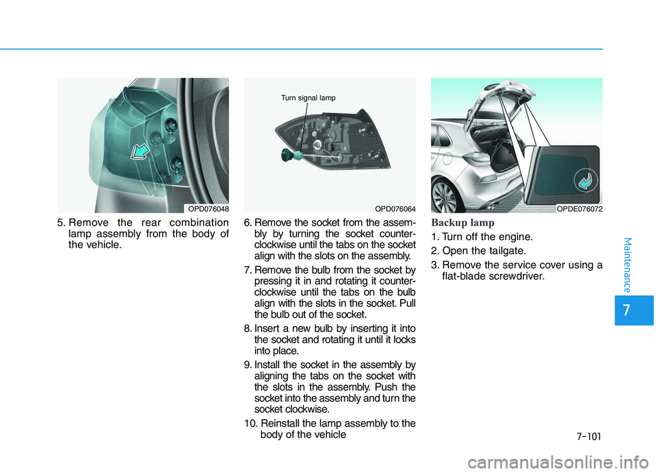 HYUNDAI I30 2019  Owners Manual 7-101
7
Maintenance
5. Remove the rear combinationlamp assembly from the body of
the vehicle. 6. Remove the socket from the assem-
bly by turning the socket counter-
clockwise until the tabs on the so