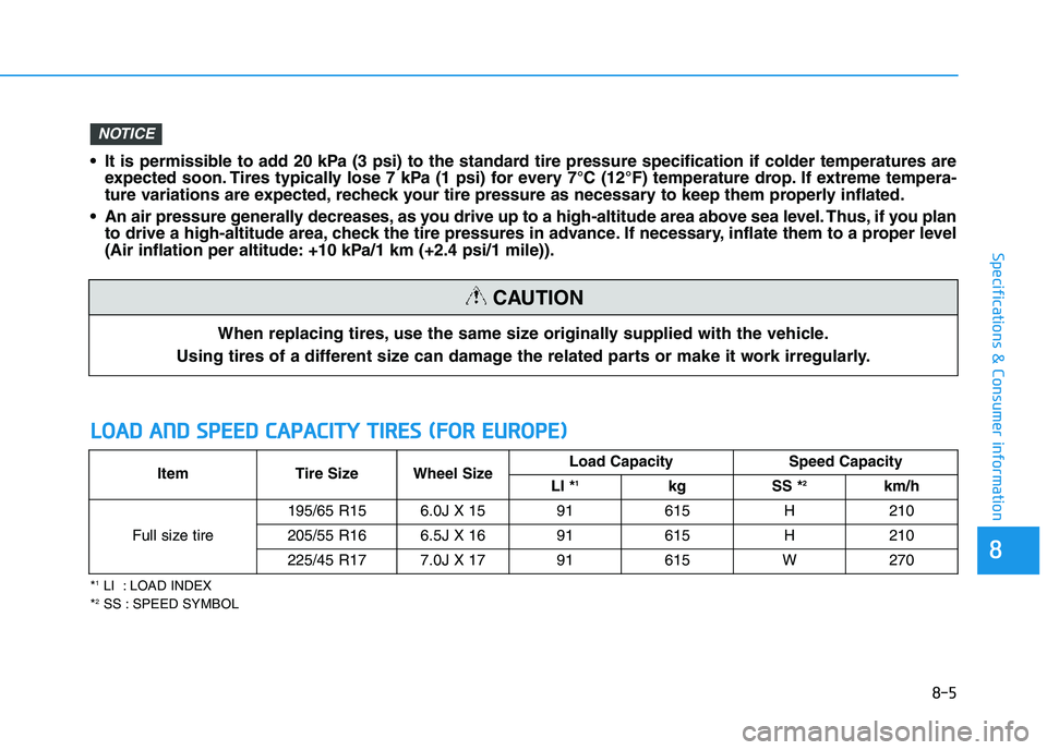HYUNDAI I30 2019  Owners Manual 8-5
8
Specifications & Consumer information
When replacing tires, use the same size originally supplied with the vehicle.
Using tires of a different size can damage the related parts or make it work i