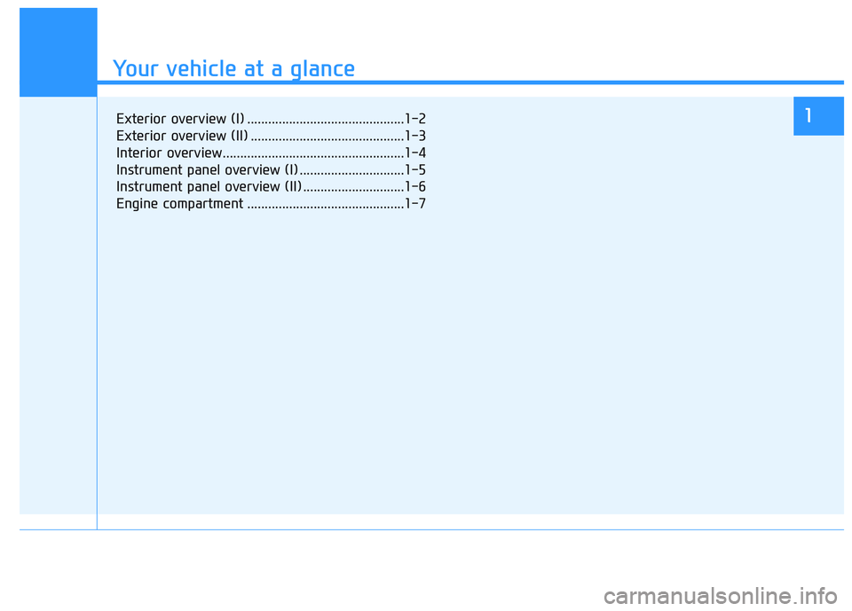 HYUNDAI I30 2018  Owners Manual Your vehicle at a glance
1
Your vehicle at a glance
1Exterior overview (I) .............................................1-2
Exterior overview (II) ............................................1-3
Inter