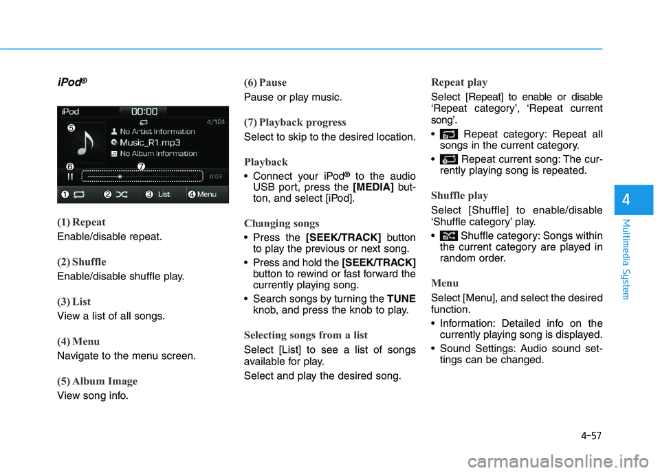 HYUNDAI I30 2018  Owners Manual 4-57
Multimedia System
4
iPod®
(1) Repeat
Enable/disable repeat.
(2) Shuffle
Enable/disable shuffle play.
(3) List
View a list of all songs.
(4) Menu
Navigate to the menu screen.
(5) Album Image
View