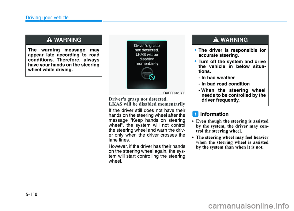 HYUNDAI I30 2018  Owners Manual 5-110
Driving your vehicle
Driver's grasp not detected.
LKAS will be disabled momentarily
If the driver still does not have their
hands on the steering wheel after the
message "Keep hands on steer