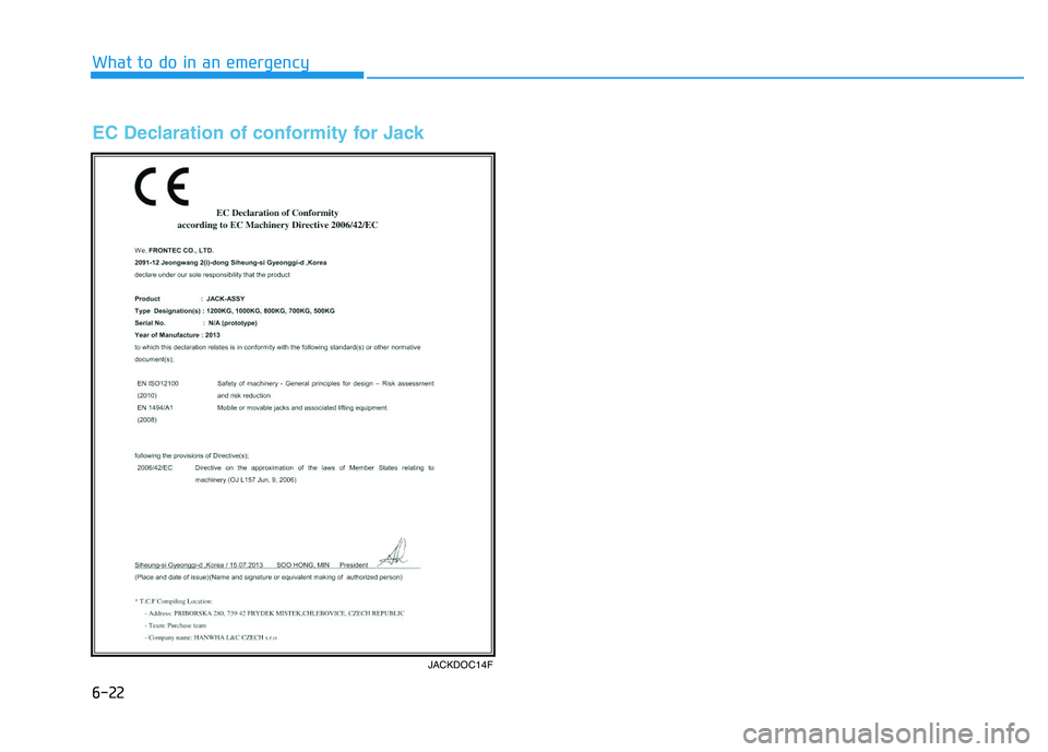 HYUNDAI I30 2017  Owners Manual 6-22
What to do in an emergency
JACKDOC14F
EC Declaration of conformity for Jack 