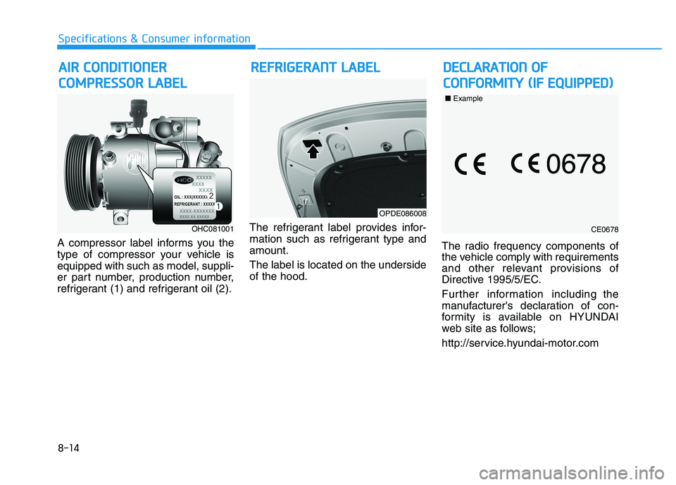 HYUNDAI I30 2017  Owners Manual 8-14
Specifications & Consumer information
A compressor label informs you the
type of compressor your vehicle is
equipped with such as model, suppli-
er part number, production number,
refrigerant (1)