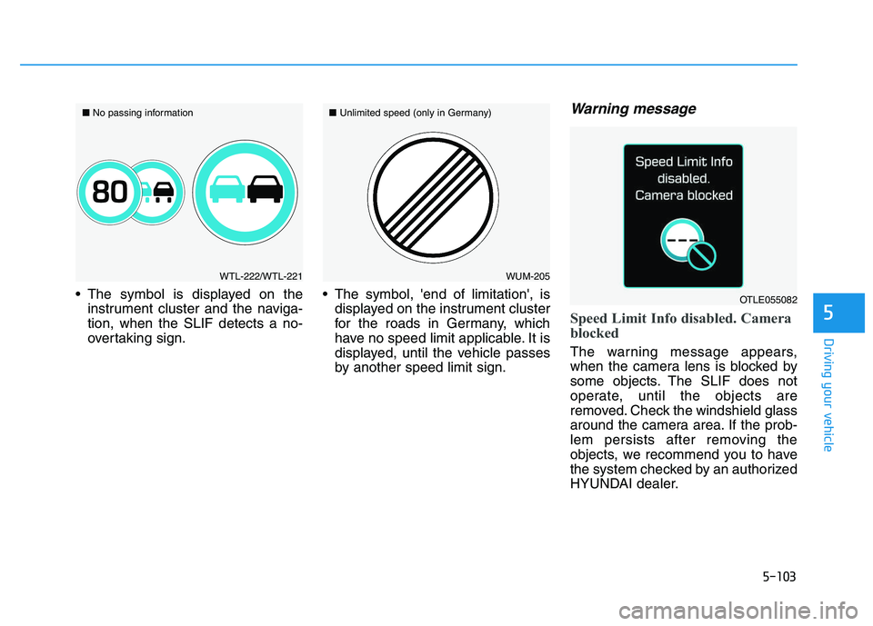 HYUNDAI I30 2016  Owners Manual 5-103
Driving your vehicle
5
 The symbol is displayed on theinstrument cluster and the naviga-
tion, when the SLIF detects a no-
overtaking sign.  The symbol, end of limitation, is
displayed on the 
