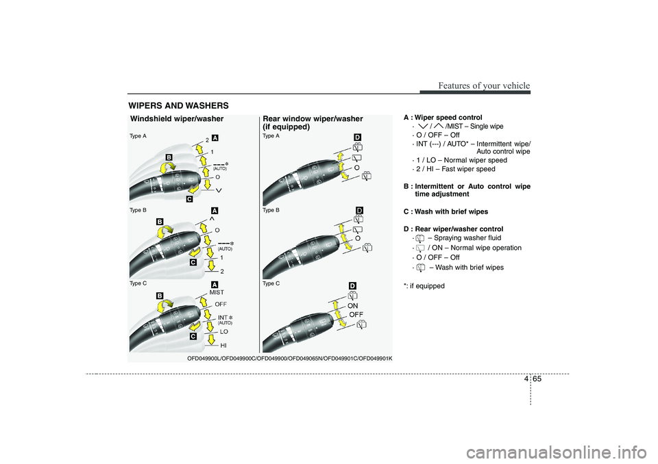 HYUNDAI I30 2015  Owners Manual 465
Features of your vehicle
A : Wiper speed control· 
/ /MIST – Single wipe
· O / OFF – Off 
· INT (---) / AUTO* – Intermittent  wipe/ Auto control wipe
· 1 / LO – Normal wiper speed
· 2