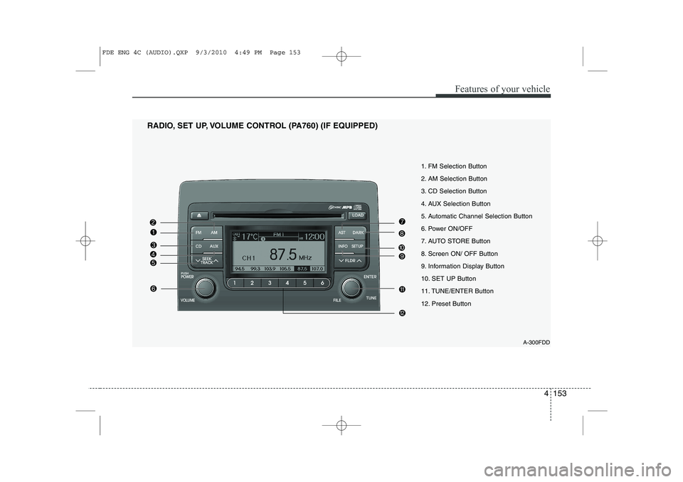 HYUNDAI I30 2015  Owners Manual 4 153
Features of your vehicle
A-300FDD
1. FM Selection Button 
2. AM Selection Button
3. CD Selection Button
4. AUX Selection Button
5. Automatic Channel Selection Button
6. Power ON/OFF
7. AUTO STOR