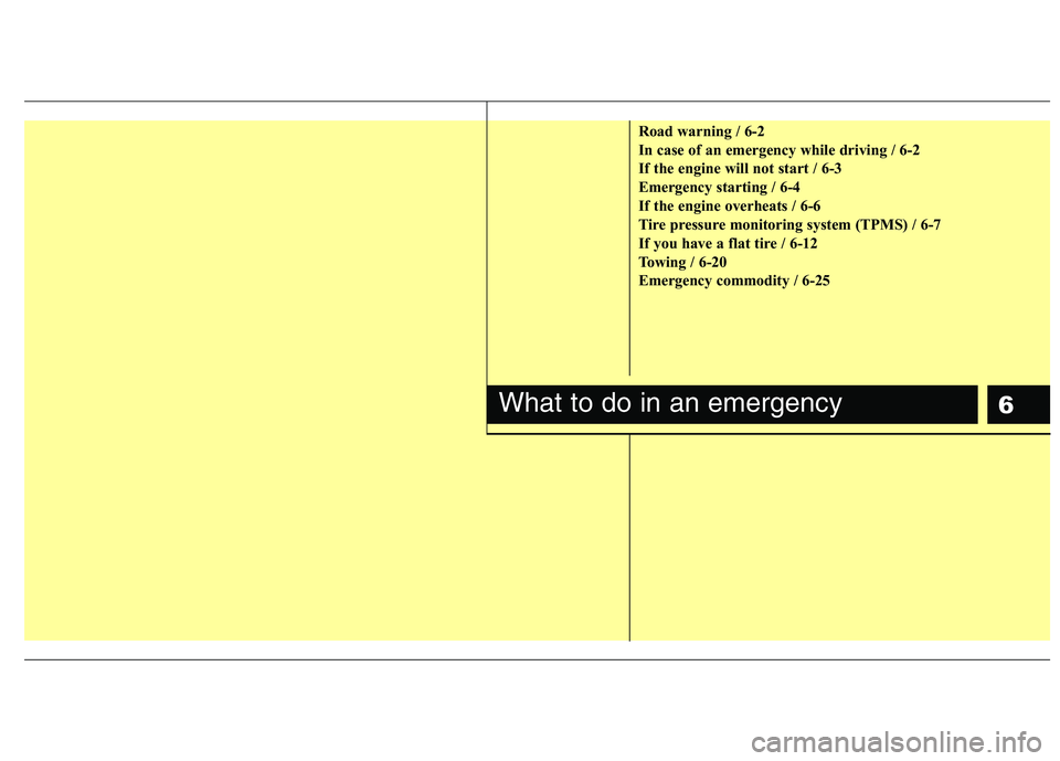 HYUNDAI I30 2015  Owners Manual 6
Road warning / 6-2 
In case of an emergency while driving / 6-2
If the engine will not start / 6-3
Emergency starting / 6-4
If the engine overheats / 6-6
Tire pressure monitoring system (TPMS) / 6-7
