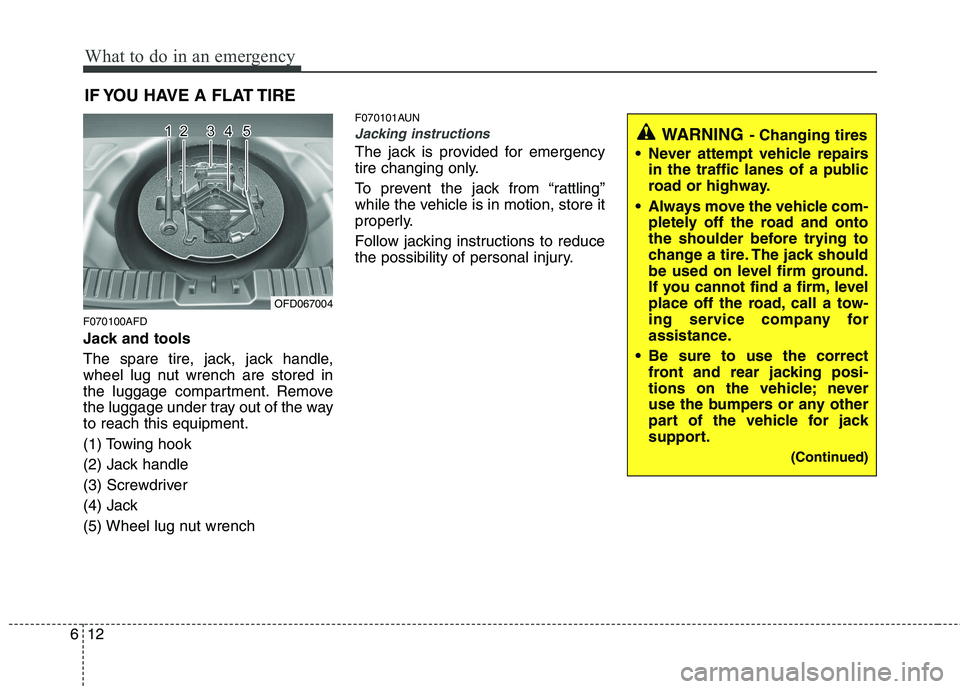 HYUNDAI I30 2015  Owners Manual What to do in an emergency
12
6
IF YOU HAVE A FLAT TIRE
F070100AFD 
Jack and tools 
The spare tire, jack, jack handle, 
wheel lug nut wrench are stored in
the luggage compartment. Remove
the luggage u