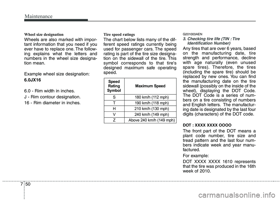 HYUNDAI I30 2015  Owners Manual Maintenance
50
7
S 180 km/h (112 mph)
T 190 km/h (118 mph)
H 210 km/h (130 mph) V 240 km/h (149 mph) Z Above 240 km/h (149 mph)
Maximum Speed
Speed
Rating
Symbol
Wheel size designation   
Wheels are a