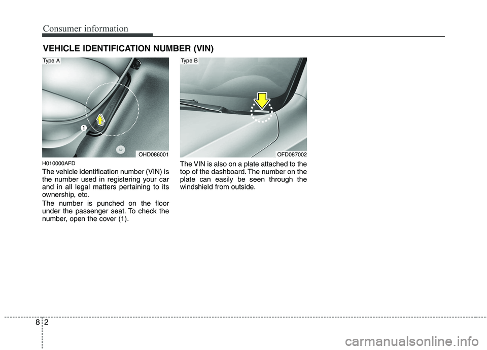 HYUNDAI I30 2015  Owners Manual Consumer information
2
8
VEHICLE IDENTIFICATION NUMBER (VIN)
H010000AFD 
The vehicle identification number (VIN) is 
the number used in registering your car
and in all legal matters pertaining to its
