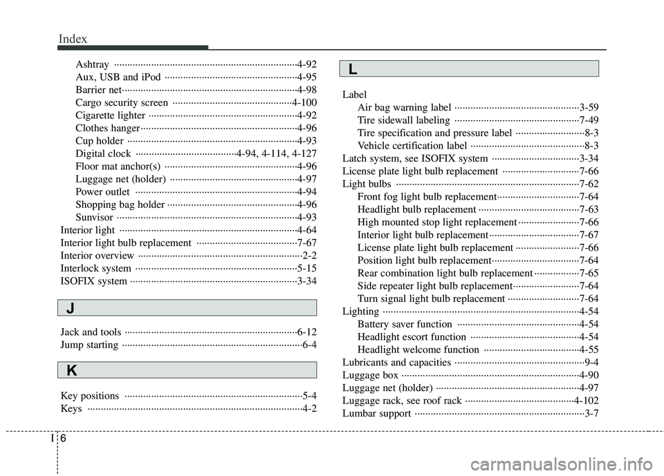 HYUNDAI I30 2015  Owners Manual Index
6
I
Ashtray ·····································································4-92 
Aux, USB and iPod  ·········
