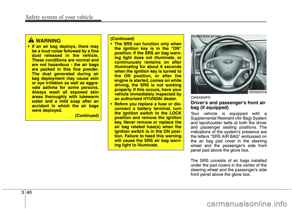 HYUNDAI I30 2015  Owners Manual Safety system of your vehicle
40
3
C040400AFD 
Drivers and passengers front air 
bag (if equipped) 
Your vehicle is equipped with a 
Supplemental Restraint (Air Bag) System
and lap/shoulder belts at
