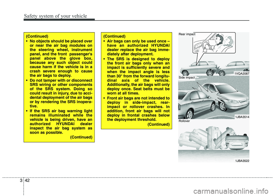 HYUNDAI I30 2015  Owners Manual Safety system of your vehicle
42
3
1VQA2087
1JBA3514
1JBA3522
Rear impact
Side impact
Rollover
(Continued) 
 No objects should be placed over
or near the air bag modules on 
the steering wheel, instru