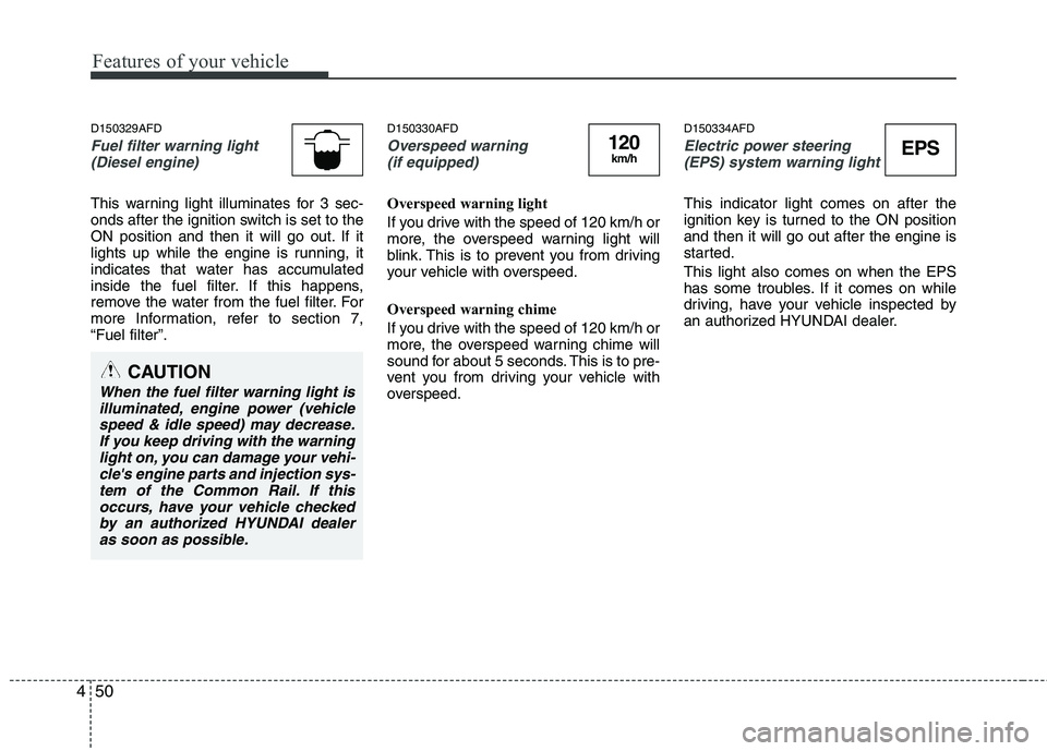 HYUNDAI I30 2015  Owners Manual Features of your vehicle
50
4
D150329AFD
Fuel filter warning light
(Diesel engine)
This warning light illuminates for 3 sec- 
onds after the ignition switch is set to the
ON position and then it will 