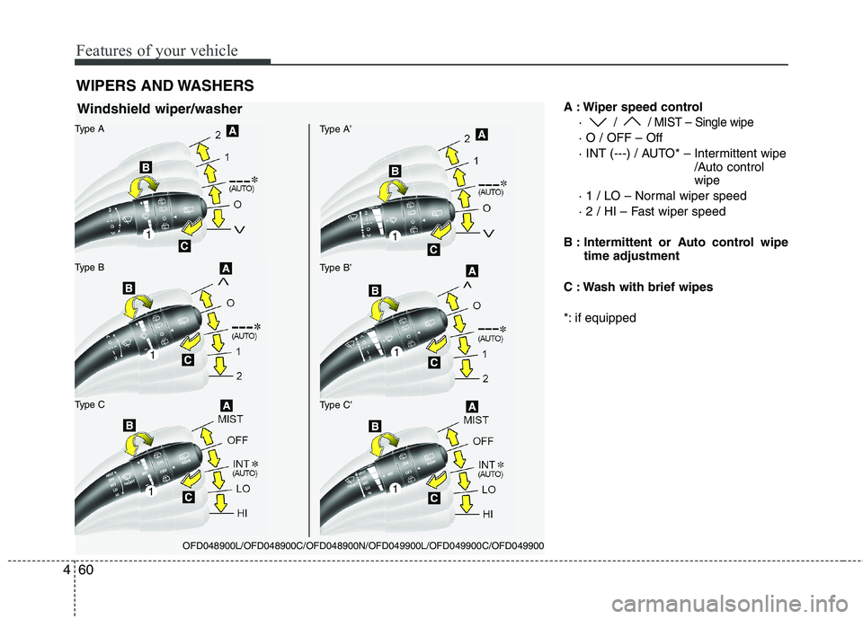 HYUNDAI I30 2015  Owners Manual Features of your vehicle
60
4
A : Wiper speed control
· 
/  / MIST – Single wipe
· O / OFF – Off 
· INT (---) / AUTO* – Intermittent wipe /Auto control wipe
· 1 / LO – Normal wiper speed 
