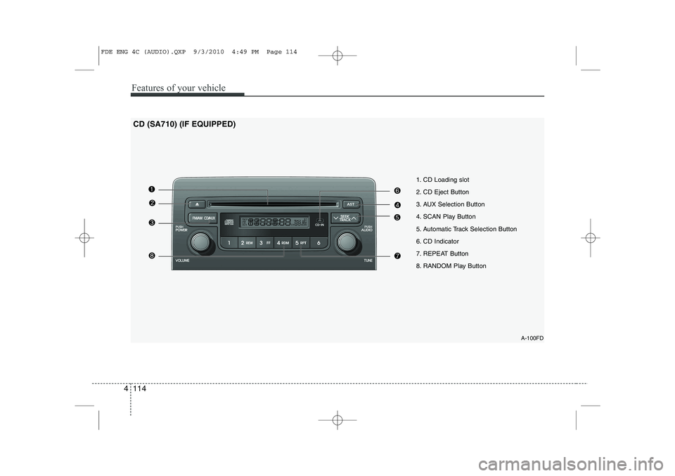 HYUNDAI I30 2012  Owners Manual Features of your vehicle
114
4
A-100FD
1. CD Loading slot 
2. CD Eject Button
3. AUX Selection Button
4. SCAN Play Button
5. Automatic Track Selection Button
6. CD Indicator
7. REPEAT Button
8. RANDOM