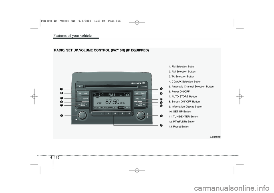HYUNDAI I30 2012  Owners Manual Features of your vehicle
116
4
A-200FDE
1. FM Selection Button 
2. AM Selection Button
3. TA Selection Button
4. CD/AUX Selection Button
5. Automatic Channel Selection Button
6. Power ON/OFF
7. AUTO S