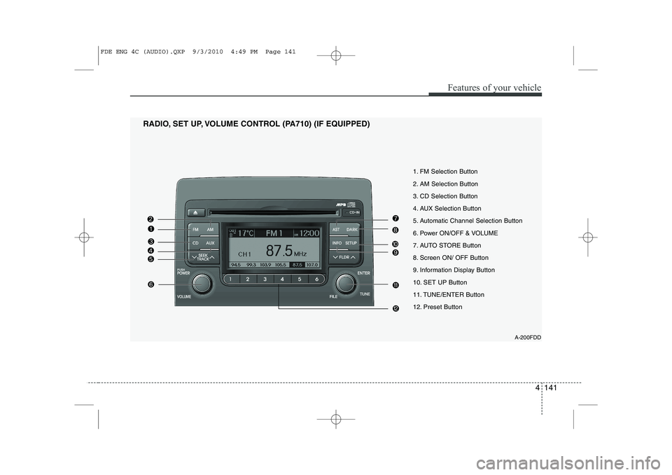 HYUNDAI I30 2012  Owners Manual 4 141
Features of your vehicle
1. FM Selection Button 
2. AM Selection Button
3. CD Selection Button
4. AUX Selection Button
5. Automatic Channel Selection Button
6. Power ON/OFF & VOLUME
7. AUTO STOR