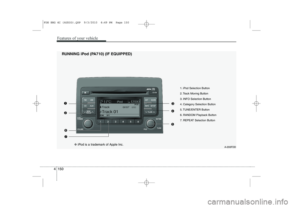 HYUNDAI I30 2012  Owners Manual Features of your vehicle
150
4
1. iPod Selection Button 
2. Track Moving Button
3. INFO Selection Button
4. Category Selection Button
5. TUNE/ENTER Button
6. RANDOM Playback Button
7. REPEAT Selection