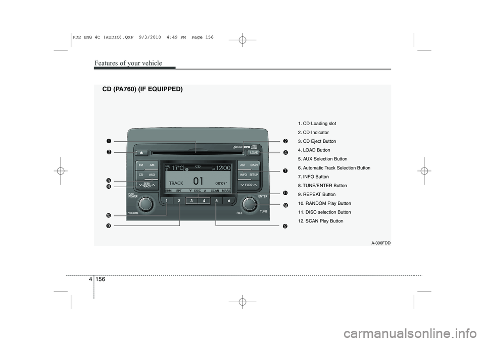 HYUNDAI I30 2012  Owners Manual Features of your vehicle
156
4
1. CD Loading slot 
2. CD Indicator
3. CD Eject Button
4. LOAD Button
5. AUX Selection Button
6. Automatic Track Selection Button
7. INFO Button
8. TUNE/ENTER Button
9. 
