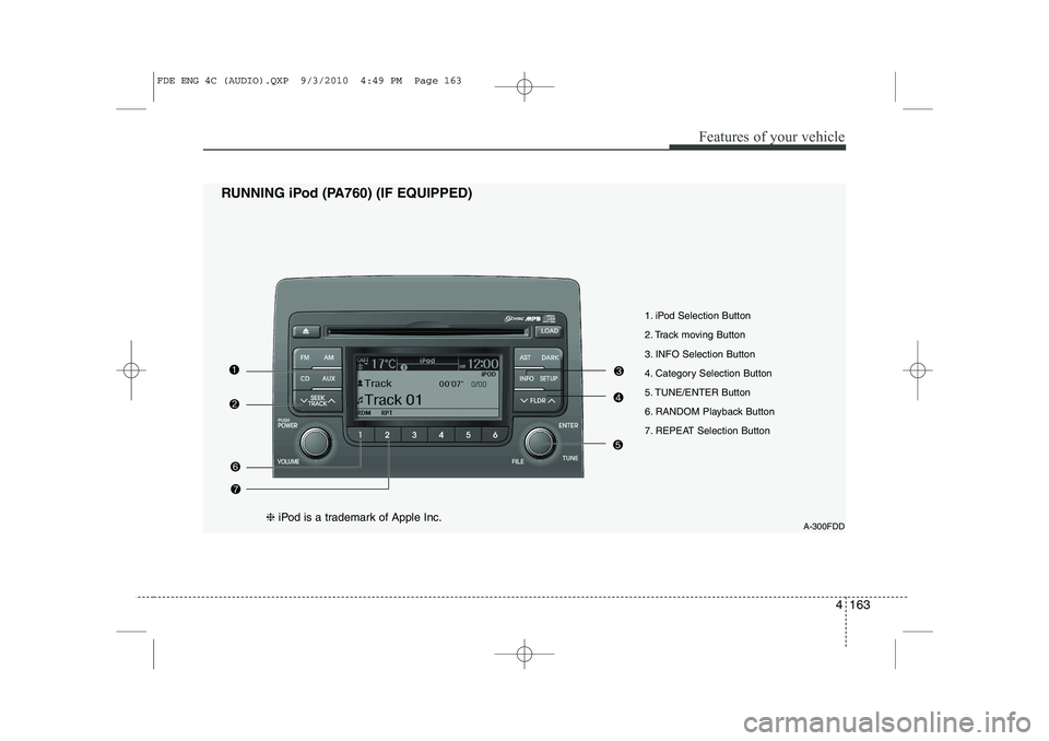 HYUNDAI I30 2012  Owners Manual 4 163
Features of your vehicle
1. iPod Selection Button 
2. Track moving Button
3. INFO Selection Button
4. Category Selection Button
5. TUNE/ENTER Button
6. RANDOM Playback Button
7. REPEAT Selection