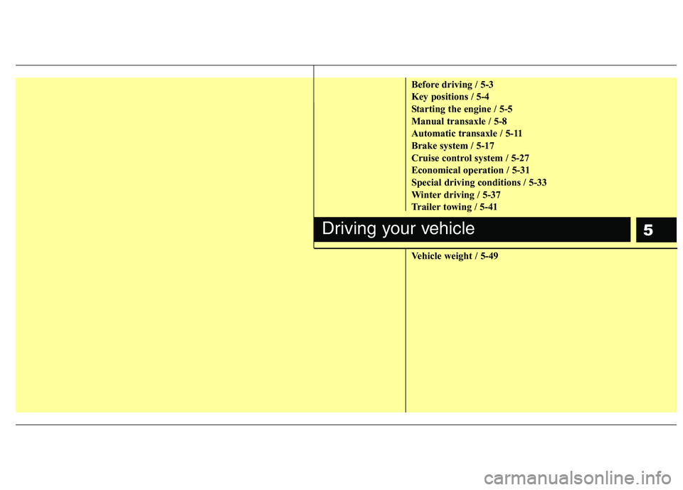 HYUNDAI I30 2012  Owners Manual 5
Before driving / 5-3 
Key positions / 5-4
Starting the engine / 5-5
Manual transaxle / 5-8
Automatic transaxle / 5-11
Brake system / 5-17
Cruise control system / 5-27
Economical operation / 5-31
Spe