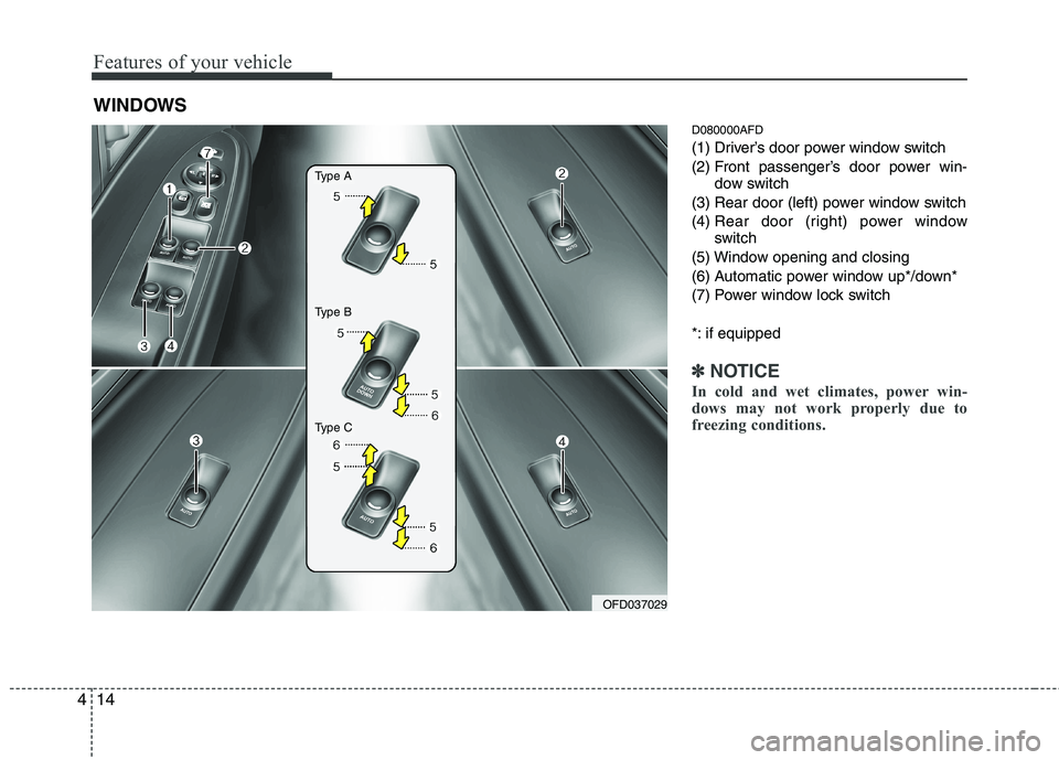 HYUNDAI I30 2012  Owners Manual Features of your vehicle
14
4
D080000AFD 
(1) Driver’s door power window switch
(2) Front passenger’s door power win-
dow switch
(3) Rear door (left) power window switch(4)  Rear door (right) powe