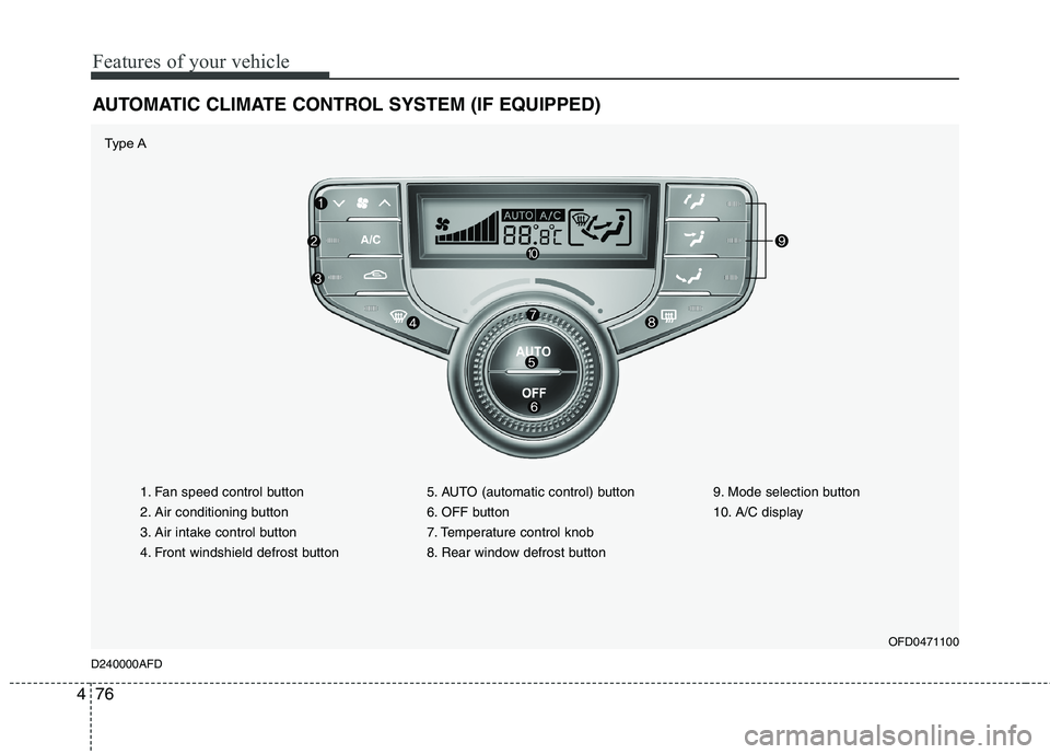 HYUNDAI I30 2012  Owners Manual Features of your vehicle
76
4
AUTOMATIC CLIMATE CONTROL SYSTEM (IF EQUIPPED)
1. Fan speed control button 
2. Air conditioning button
3. Air intake control button
4. Front windshield defrost button 5. 