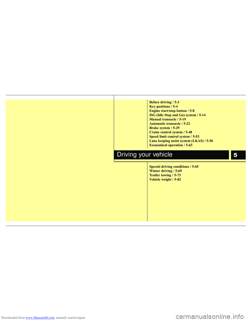 HYUNDAI I40 2016  Owners Manual Downloaded from www.Manualslib.com manuals search engine 5
Before driving / 5-3
Key positions / 5-4
Engine start/stop button / 5-8
ISG (Idle Stop and Go) system / 5-14
Manual transaxle / 5-19
Automati