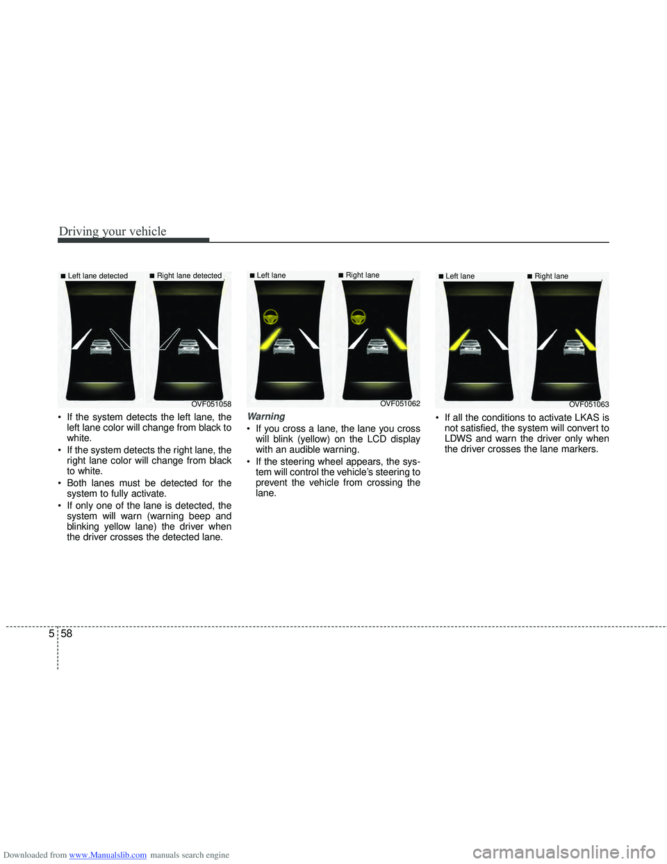 HYUNDAI I40 2015 Owners Manual Downloaded from www.Manualslib.com manuals search engine Driving your vehicle
58
5
If the system detects the left lane, the
left lane color will change from black to
white.
If the system detects the HYUNDAI I40 2015 Owners Manual Downloaded from www.Manualslib.com manuals search engine Driving your vehicle
58
5
If the system detects the left lane, the
left lane color will change from black to
white.
If the system detects the