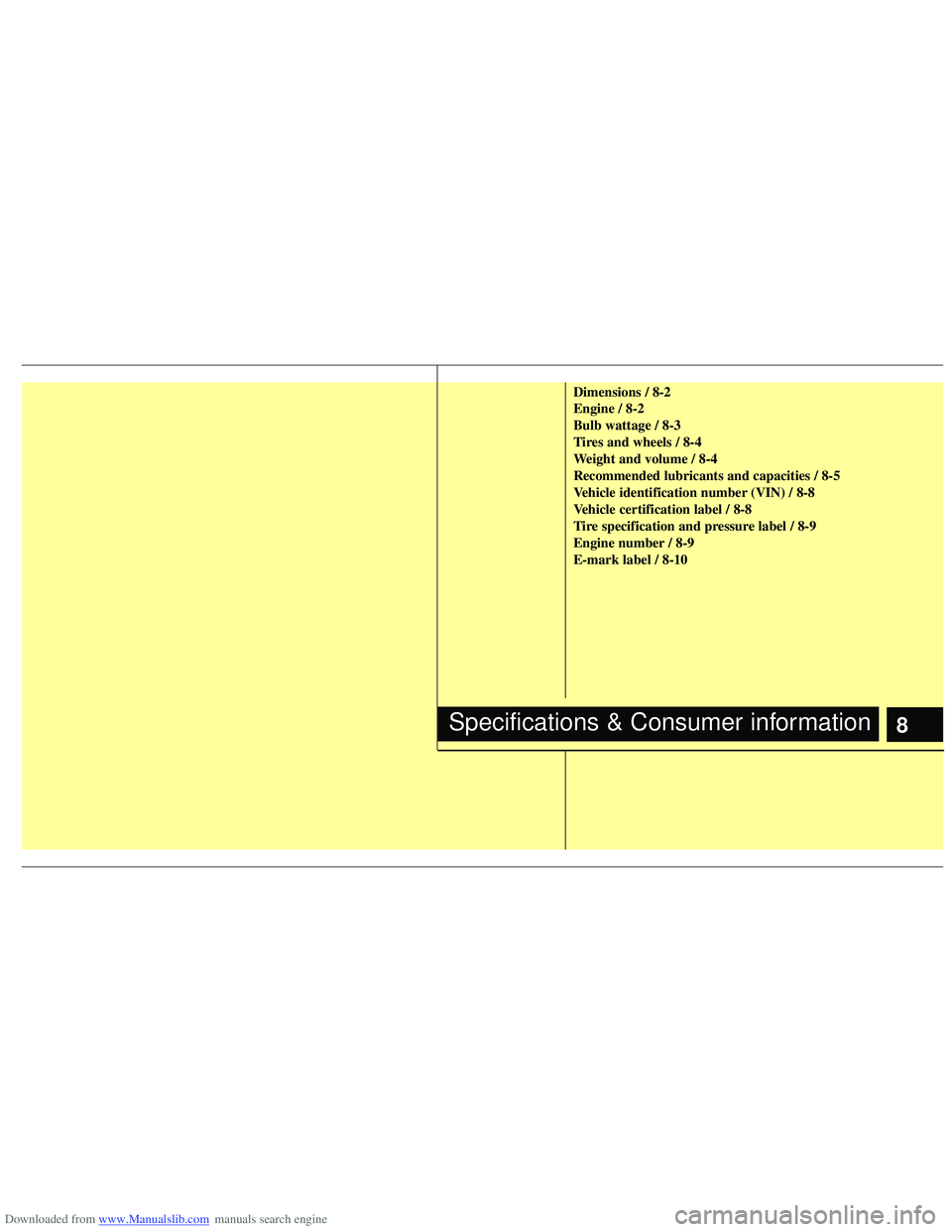 HYUNDAI I40 2015  Owners Manual Downloaded from www.Manualslib.com manuals search engine 8
Dimensions / 8-2
Engine / 8-2
Bulb wattage / 8-3
Tires and wheels / 8-4
Weight and volume / 8-4
Recommended lubricants and capacities / 8-5
V