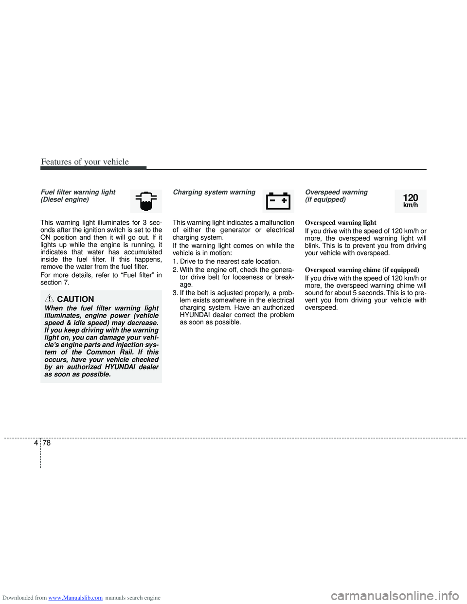HYUNDAI I40 2013 Owners Manual Downloaded from www.Manualslib.com manuals search engine Features of your vehicle
78
4
Fuel filter warning light
(Diesel engine)
This warning light illuminates for 3 sec-
onds after the ignition switc HYUNDAI I40 2013 Owners Manual Downloaded from www.Manualslib.com manuals search engine Features of your vehicle
78
4
Fuel filter warning light
(Diesel engine)
This warning light illuminates for 3 sec-
onds after the ignition switc