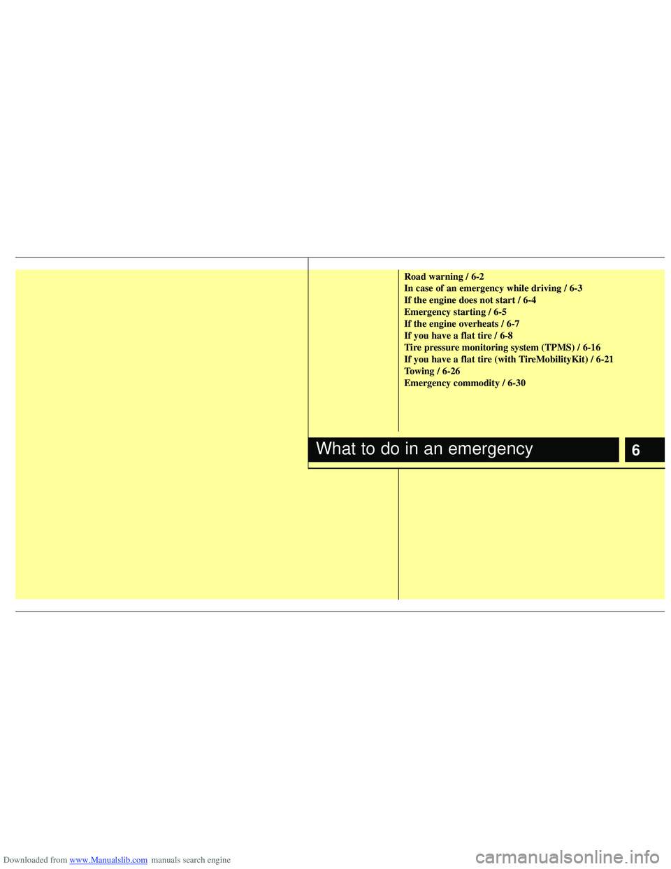 HYUNDAI I40 2013  Owners Manual Downloaded from www.Manualslib.com manuals search engine 6
Road warning / 6-2
In case of an emergency while driving / 6-3
If the engine does not start / 6-4
Emergency starting / 6-5
If the engine over