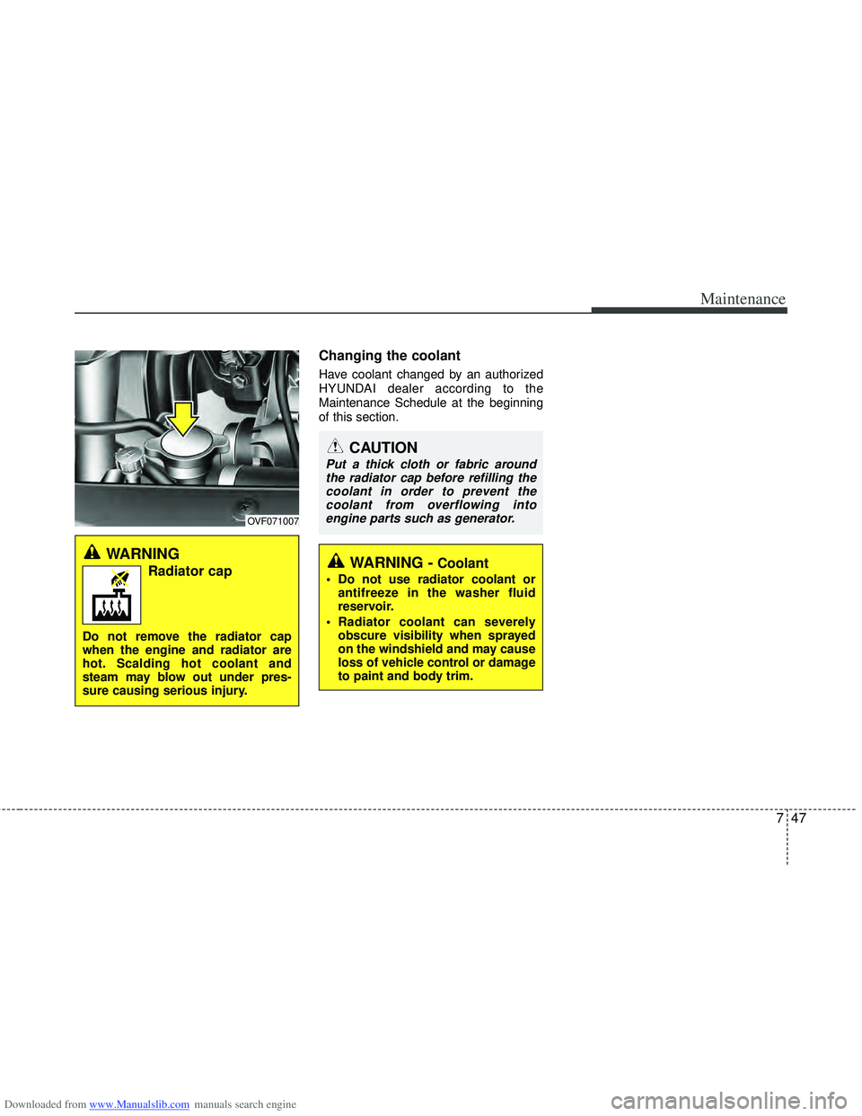 HYUNDAI I40 2013  Owners Manual Downloaded from www.Manualslib.com manuals search engine 747
Maintenance
Changing the coolant
Have coolant changed by an authorized
HYUNDAI dealer according to the
Maintenance Schedule at the beginnin