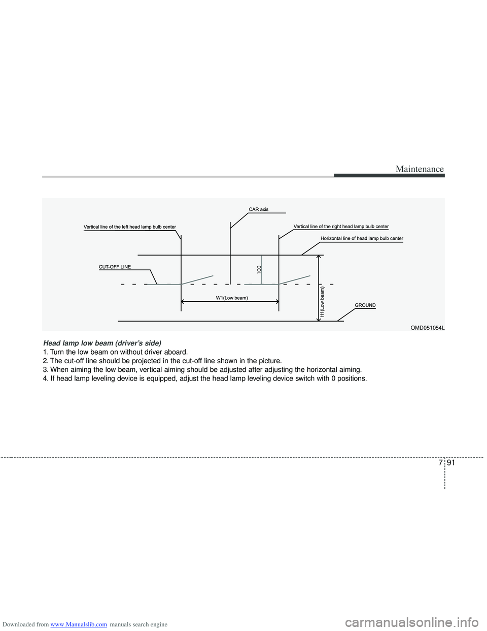 HYUNDAI I40 2013  Owners Manual Downloaded from www.Manualslib.com manuals search engine 791
Maintenance
OMD051054L
Head lamp low beam (driver’s side) 
1. Turn the low beam on without driver aboard.
2. The cut-off line should be p