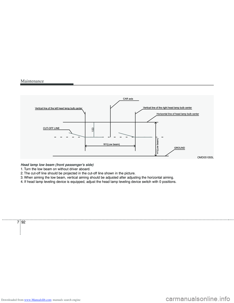 HYUNDAI I40 2013  Owners Manual Downloaded from www.Manualslib.com manuals search engine Maintenance
92
7
OMD051055L
Head lamp low beam (front passenger’s side) 
1. Turn the low beam on without driver aboard.
2. The cut-off line s