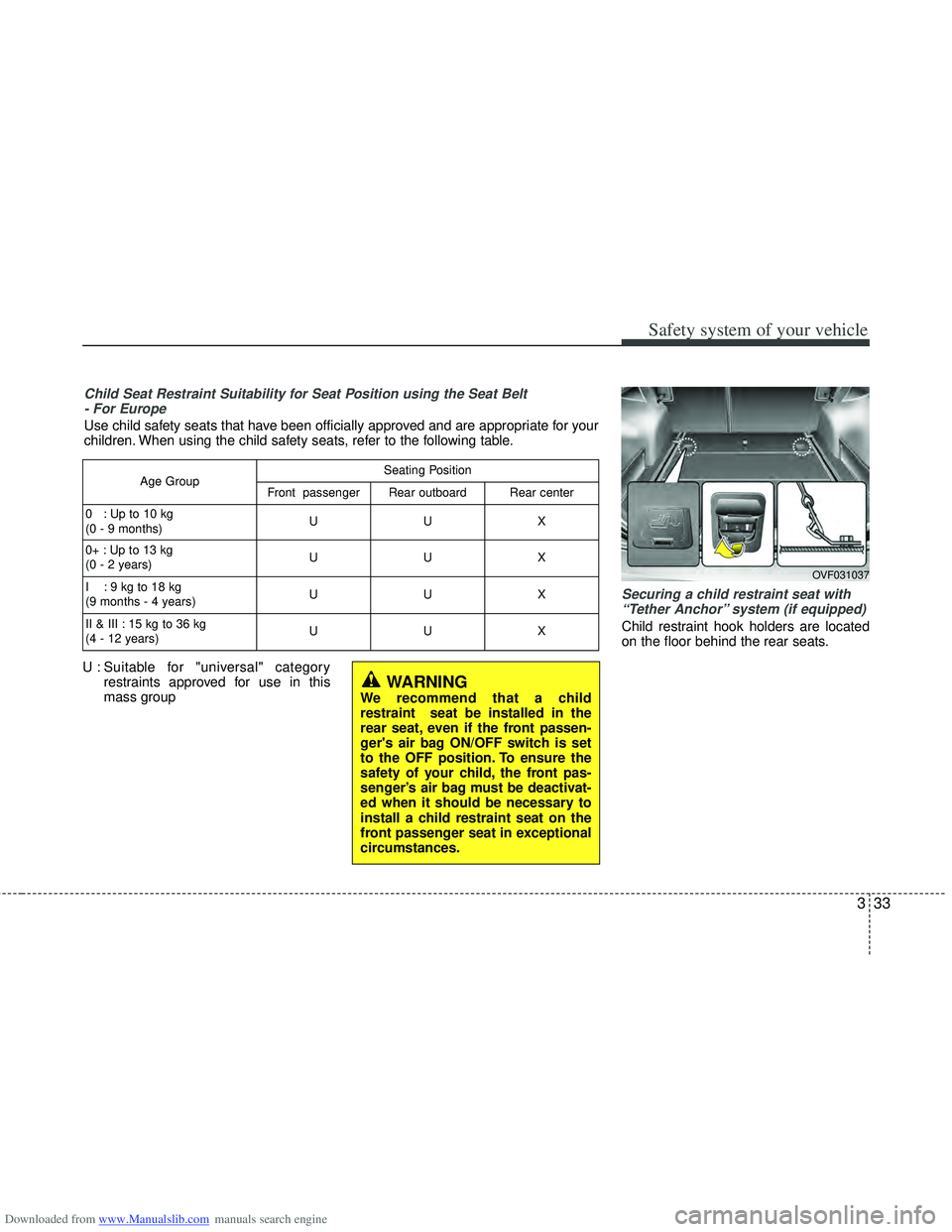 HYUNDAI I40 2013 Owners Manual Downloaded from www.Manualslib.com manuals search engine 333
Safety system of your vehicle
U : Suitable for "universal" categoryrestraints approved for use in this
mass group
Securing a child restrai HYUNDAI I40 2013 Owners Manual Downloaded from www.Manualslib.com manuals search engine 333
Safety system of your vehicle
U : Suitable for "universal" categoryrestraints approved for use in this
mass group
Securing a child restrai