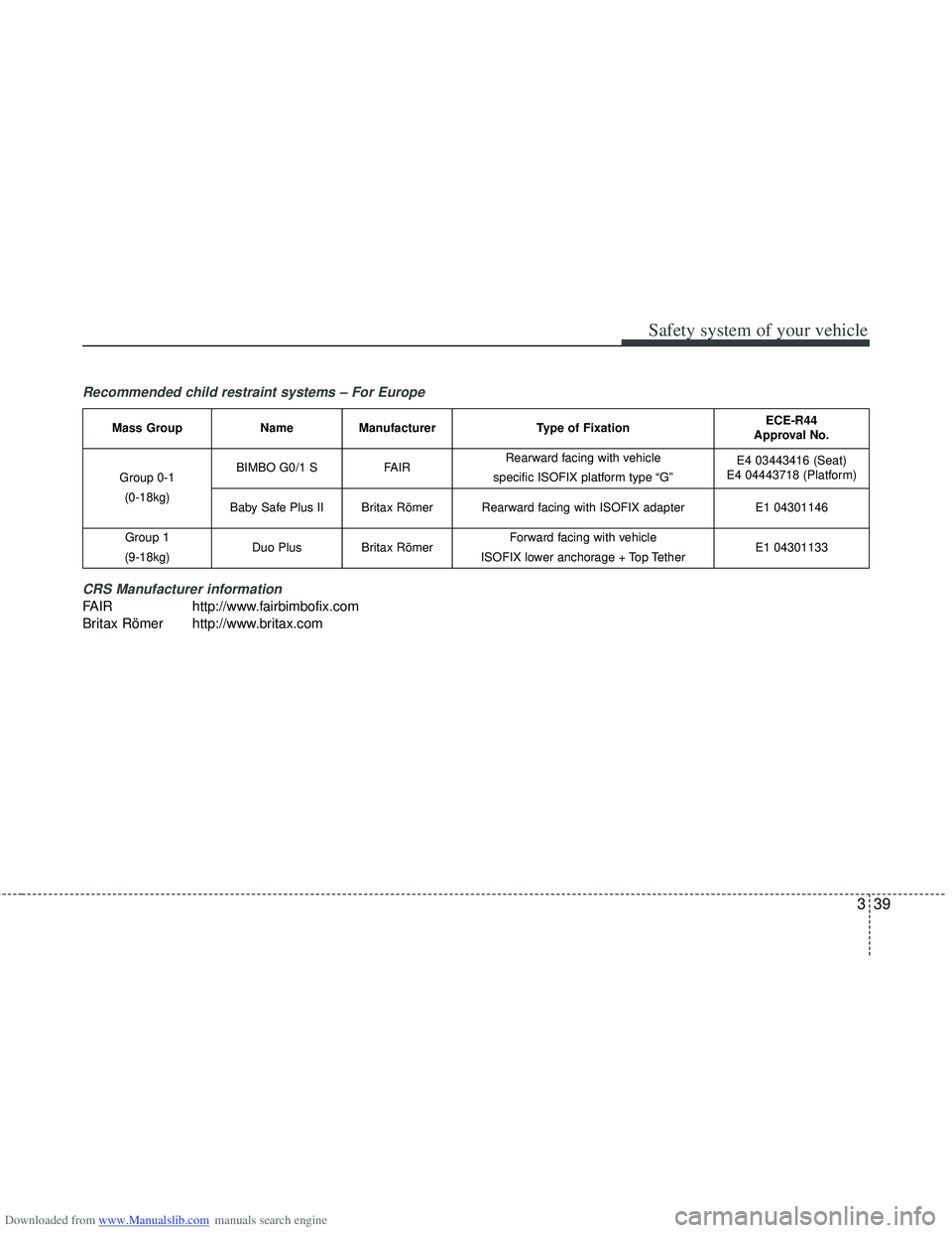 HYUNDAI I40 2013  Owners Manual Downloaded from www.Manualslib.com manuals search engine 339
Safety system of your vehicle
Recommended child restraint systems – For EuropeCRS Manufacturer information
FAIR http://www.fairbimbofix.c