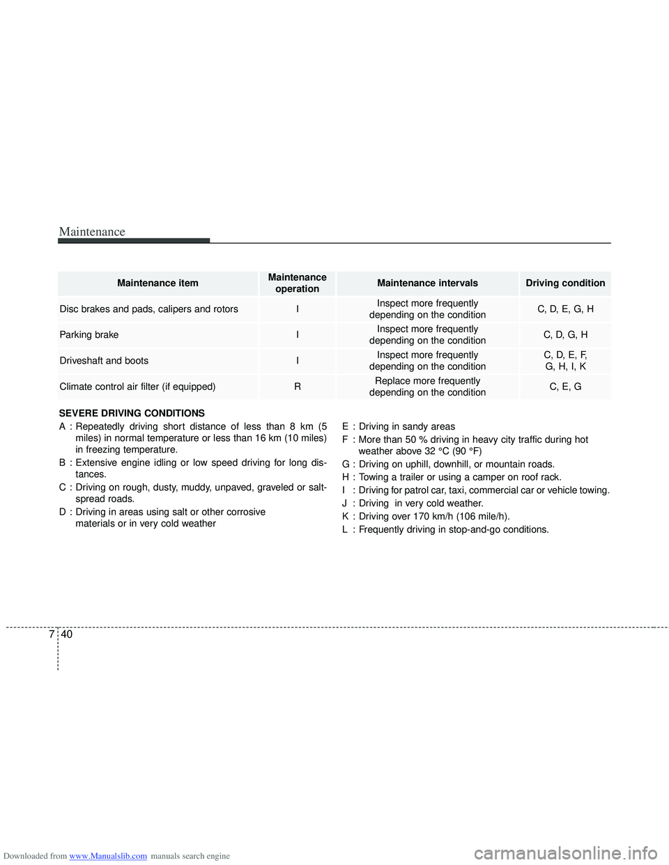 HYUNDAI I40 2011  Owners Manual Downloaded from www.Manualslib.com manuals search engine Maintenance
40
7
SEVERE DRIVING CONDITIONS
A : Repeatedly driving short distance of less than 8 km (5
miles) in normal temperature or less than