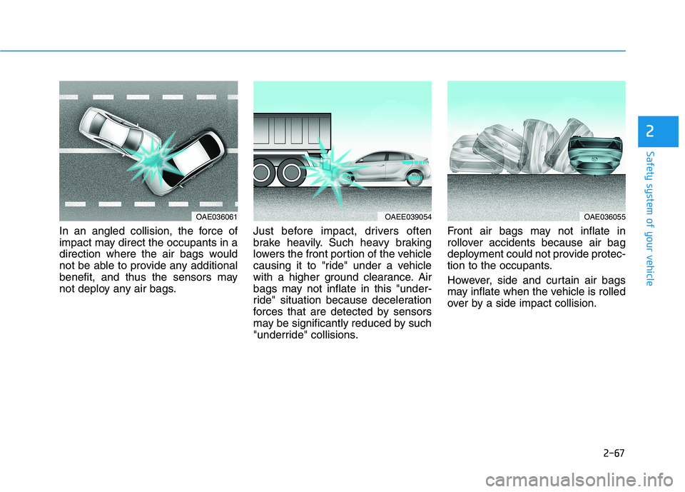 HYUNDAI IONIQ ELECTRIC 2022  Owners Manual 2-67
Safety system of your vehicle
2
In an angled collision, the force of 
impact may direct the occupants in a
direction where the air bags would
not be able to provide any additional
benefit, and th