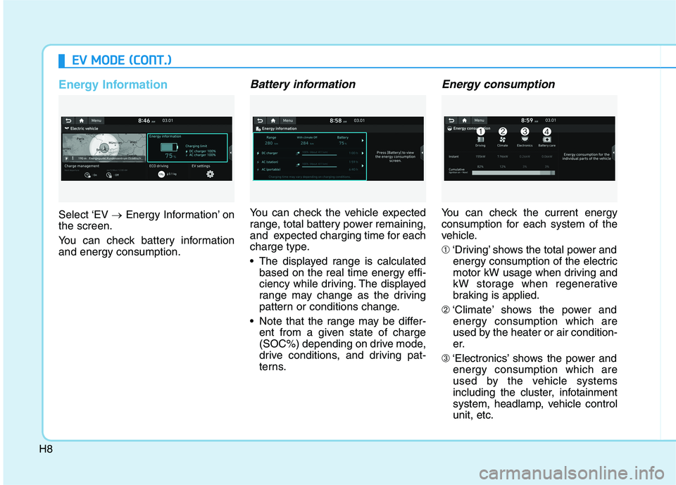 HYUNDAI IONIQ ELECTRIC 2022  Owners Manual H8
EEVV   MM OODDEE  (( CC OO NNTT..))
Energy Information
Select ‘EV  �Energy Information’ on
the screen. 
You can check battery information and energy consumption.
Battery information
You can che